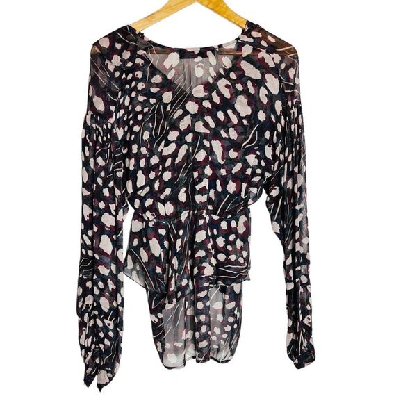 IRO Paris Realize Blouse Abstract Pattern V-Neck Ruffle Sheer 36/US 4 Black Wine - Picture 3 of 10